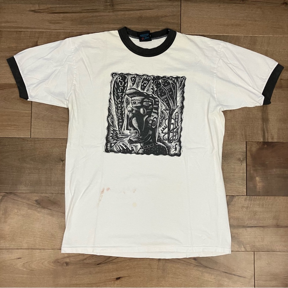 Vintage Soffe Rustic Overtones Band Shirt Ringer Tee White Graphic Print Size L
